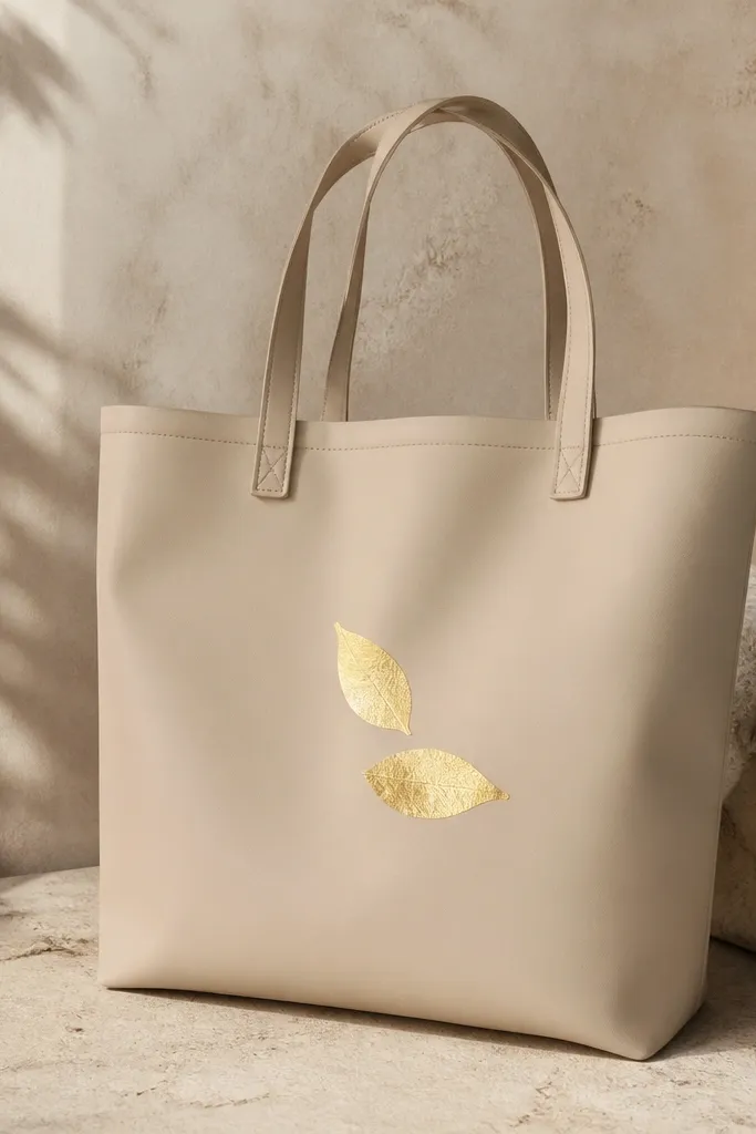A tote painted matte in warm beige with two small gold leaf shapes on the front. The gold has a textured foil look that catches light.