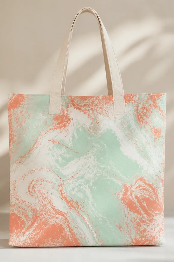 A tote front with a marbled color block: light mint, white, and coral swirled together. Veins look like marbling from plastic wrap pressed into wet paint.