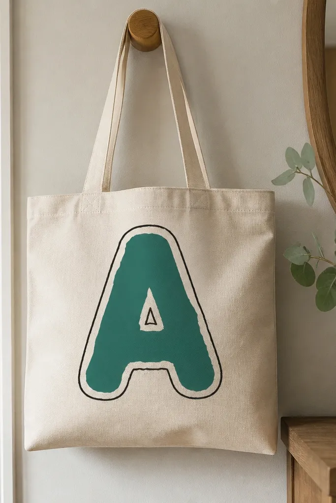 A tote with a large letter 'A' in teal filled paint, outlined in white bubble strokes and a thin black outer line.