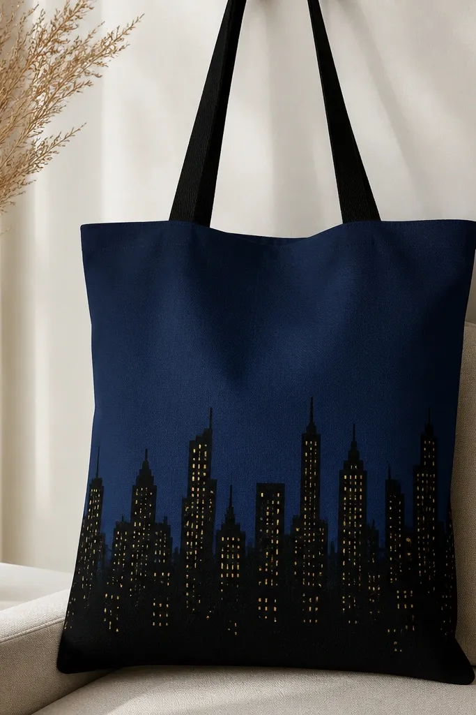 A tote with a black skyline silhouette across the bottom third. Tiny yellow dot windows scatter inside buildings, with a deep navy sky above.
