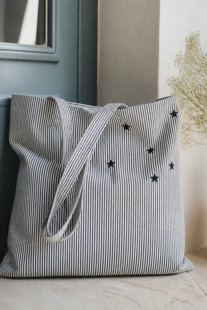 A tote with thin navy and white vertical stripes, plus small five-point stars scattered near the upper right.