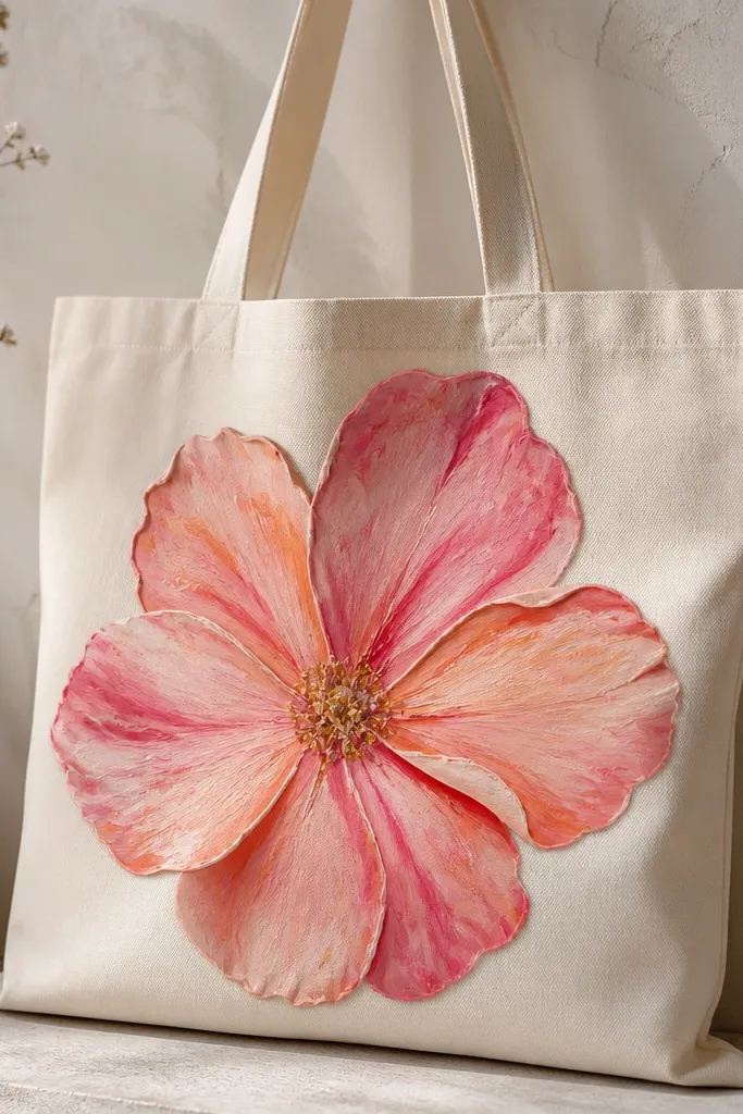 A tote with a large single flower. Each petal has marbled color blends in pink, coral, and peach, with slightly raised petal edges like sculpted paint.