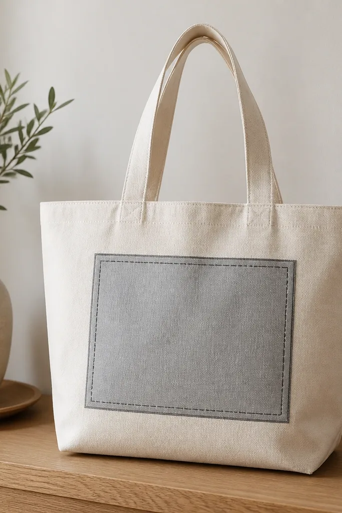 A tote with a faux front pocket painted as a rectangle in light gray with a darker gray border. There are dashed "stitch" lines around the pocket edges.