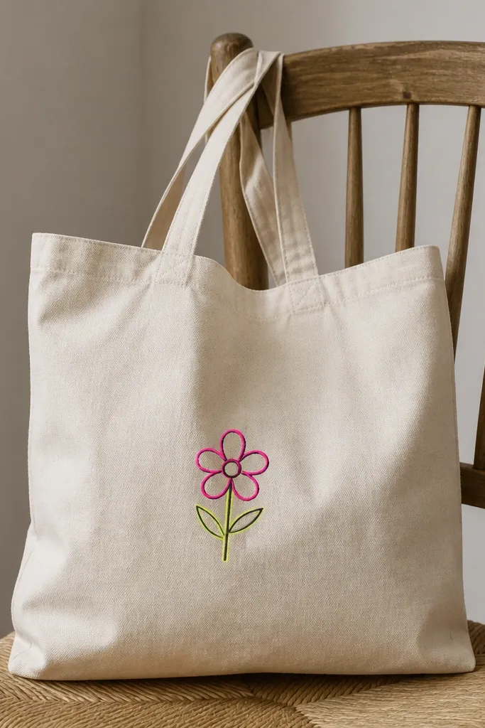 A tote with a small flower drawn in neon pink and neon yellow outlines. The petals have neon outlines over a black outline layer, with a natural canvas background.