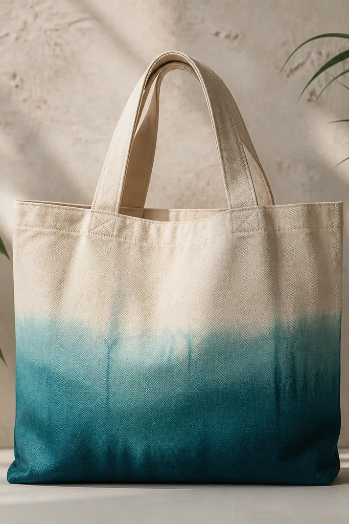 A tote with a dip-dye effect at the bottom edge: gradient from light aqua to deep teal, with a few intentional drips. The top stays natural canvas.