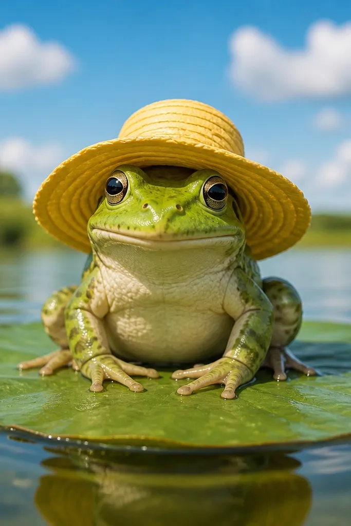 Cartoon frog with a yellow sun hat sitting on a green lily pad with a simple sky background.