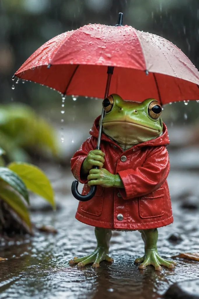 Cartoon frog wearing a red raincoat under a small umbrella with raindrops falling.