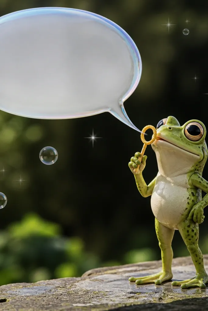 Cartoon frog blowing bubbles with a large rounded speech bubble and a few sparkles.