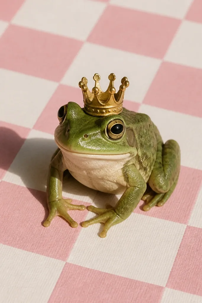 Cartoon frog wearing a tiny crown on a pink and white checker pattern background.