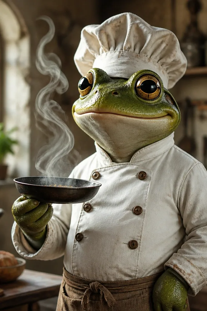 Cartoon frog chef holding a small pan with curly steam lines rising.