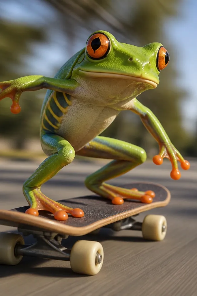 Cartoon frog riding a skateboard with motion lines and big rolling wheels.