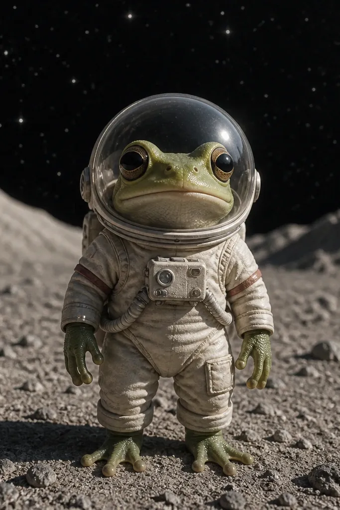 Cartoon frog in a small astronaut suit with a round transparent helmet and stars.