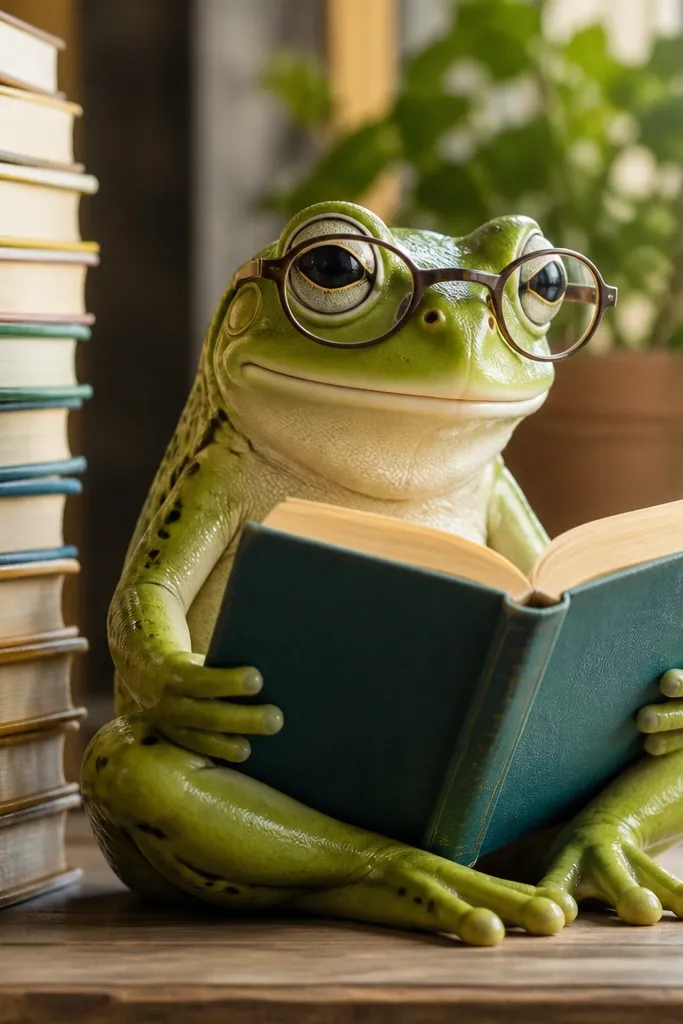 Cartoon frog wearing glasses reading a book with stacked colorful books beside it.
