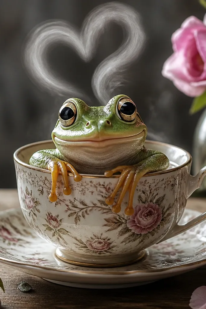 Cartoon frog sitting in a teacup with heart-shaped steam rising.