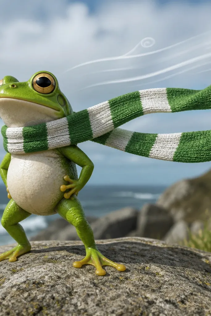 Cartoon frog with a green and white striped scarf blowing in wind lines.