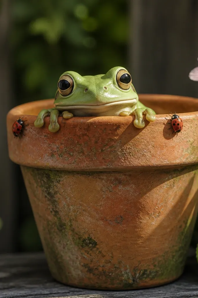 Cartoon frog peeking from a flower pot with small ladybugs on the rim.