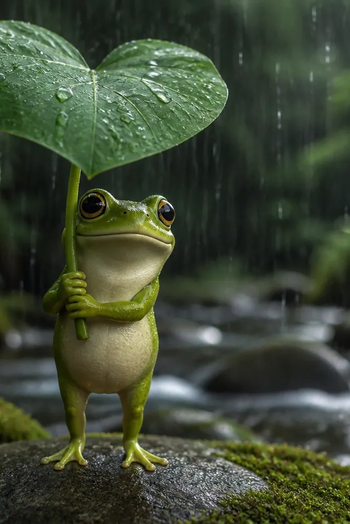 Cartoon frog holding a heart-shaped leaf like an umbrella with raindrops.