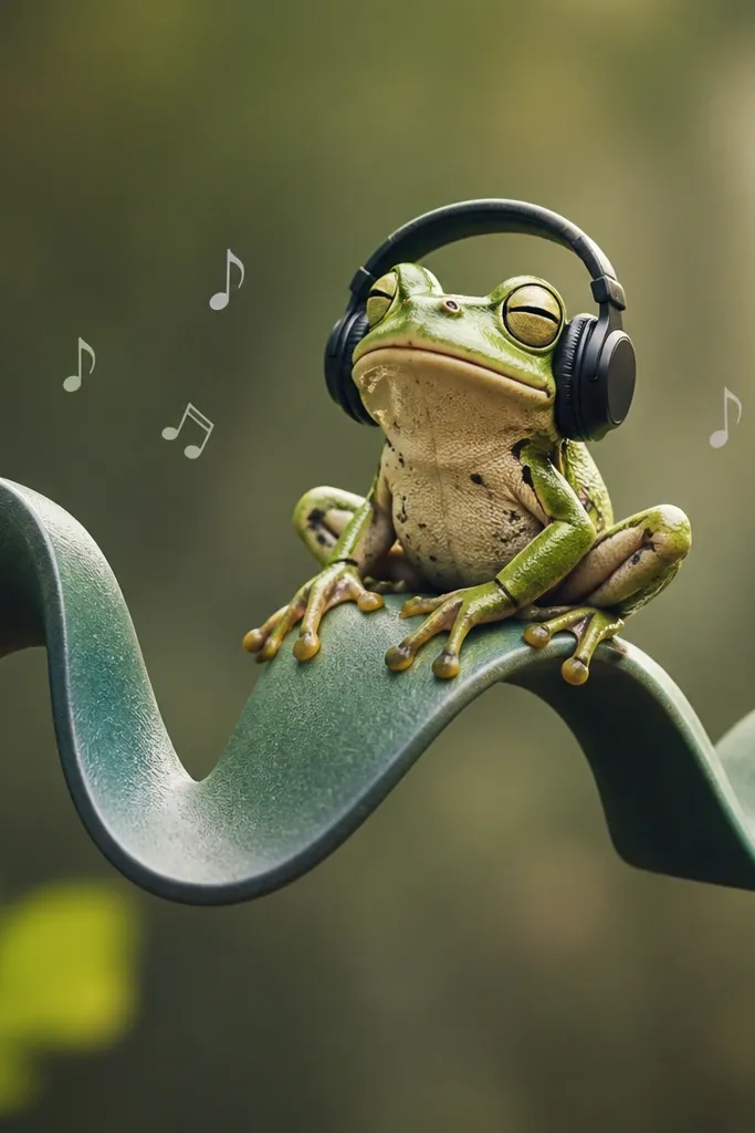 Cartoon frog wearing headphones sitting on a curved sound wave with small music notes.