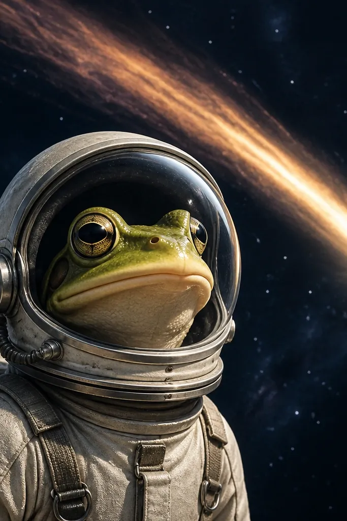Cartoon frog inside a helmet with a bright comet tail behind it and star dots.