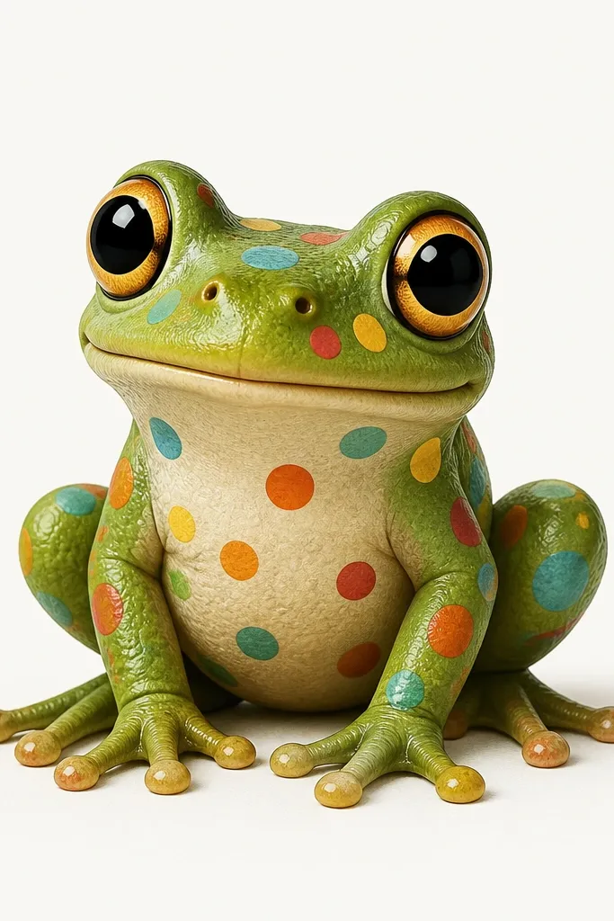 Cartoon frog with polka dots on its body on a plain light background.