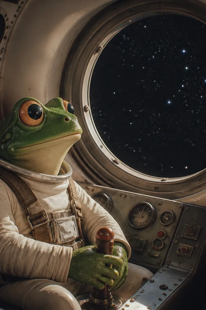 Cartoon frog in a small rocket with a round window showing star dots outside.