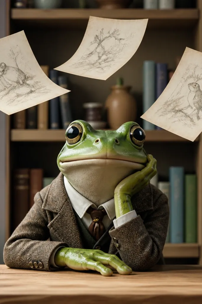 Cartoon frog in front of a simple bookshelf with 3 floating paper pages.