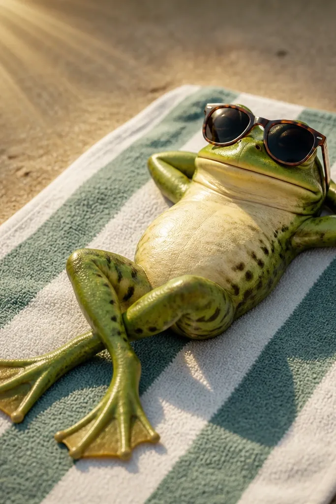 Cartoon frog lounging on a striped towel wearing sunglasses with simple sun rays.