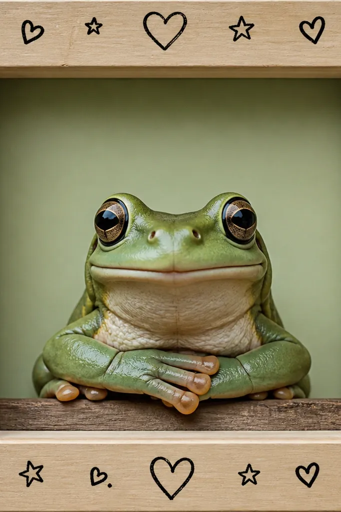 Cartoon frog centered inside a simple frame with doodle border hearts and stars.