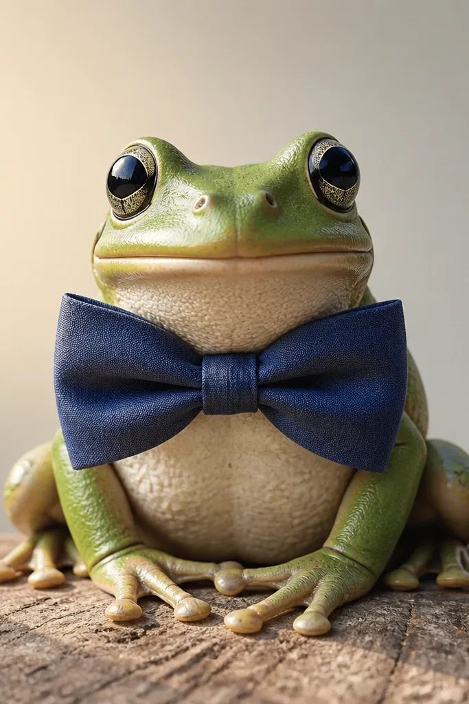 Cartoon frog wearing a large bowtie with a smooth light gradient background.