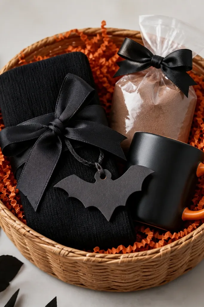 A round wicker basket lined with orange crinkle paper. Inside are black crew socks folded into a tight bundle, a small black mug with an orange handle, and a mini bag of hot cocoa. A black ribbon bow sits on top with a small paper bat tag attached.