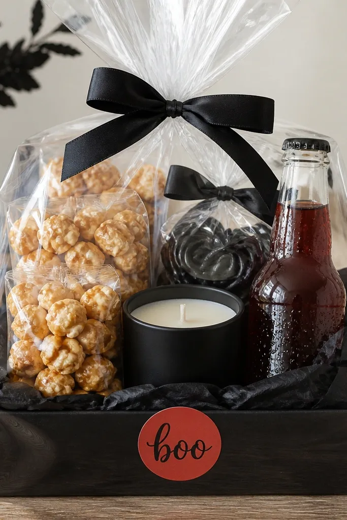 A rectangular gift box-style basket wrapped with clear cellophane. A small black jar candle sits in the middle, surrounded by individually wrapped caramel corn, a bag of licorice, and a mini bottle of flavored soda. Black tissue peeks around the edges with a red "boo" sticker label.