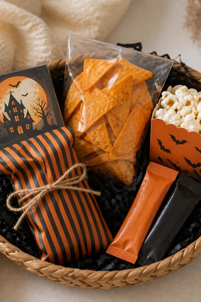 A shallow basket filled with black shredded paper. On top sits a small deck of trivia cards with a Halloween cover, a bag of nacho chips, a mini box of popcorn, and two drink mix packets in orange and black. A striped orange-and-black snack bag is tied with twine.