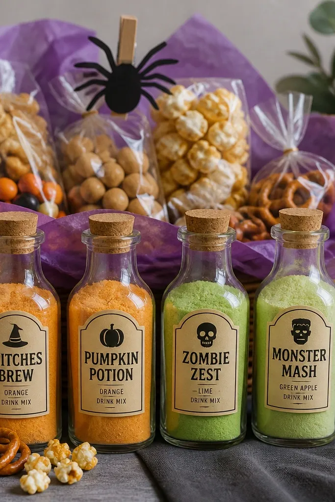 A wicker basket lined with purple tissue. Clear cellophane bottles labeled like potions sit in front, filled with powdered drink mix in orange and green. Around them are small snack bags, and a black paper spider sits on a clothespin near the top.