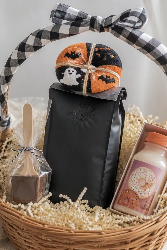A basket with cream-colored shredded paper. A dark roast coffee bag sits upright in the center with a small Halloween donut-shaped sock bundle on top. There are two mini breakfast items: a hot chocolate stick and a small box of donut-flavored creamer. A checkered ribbon wraps the handle.