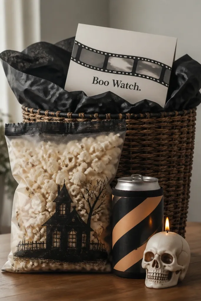 A tall basket filled with black tissue. In front sits a large bag of microwave popcorn, a soda can wrapped with black-and-orange paper, and a small faux skull candle. On top is a folded card with a film strip graphic and the words "Boo Watch."