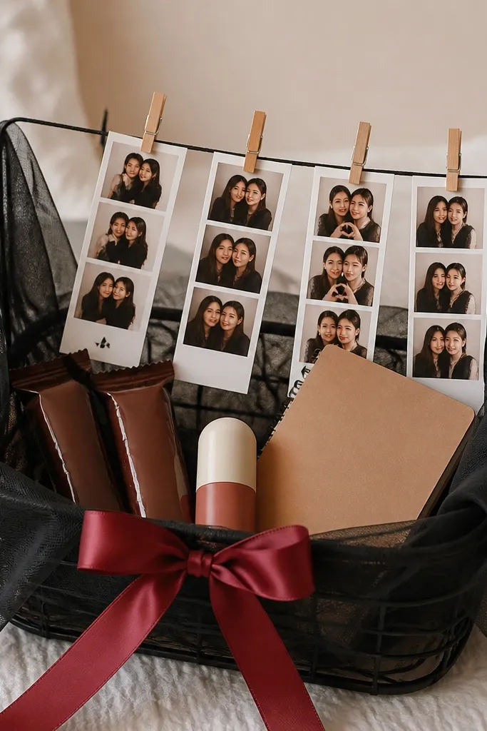 A basket with black mesh fabric draped over the sides. Several small photo strips are clipped with mini wooden clothespins to a thin black string across the top. In the basket are two candy bars, a mini lip balm, and a small notebook. A red ribbon bow sits at the front.