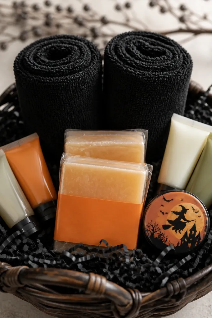 A basket lined with black shredded paper. Two black washcloths are folded into rolls and placed like pillars. Centered in front are small bars of soap wrapped in clear plastic with orange labels. Around them are tiny lotion tubes and a small Halloween-themed hand cream tin.
