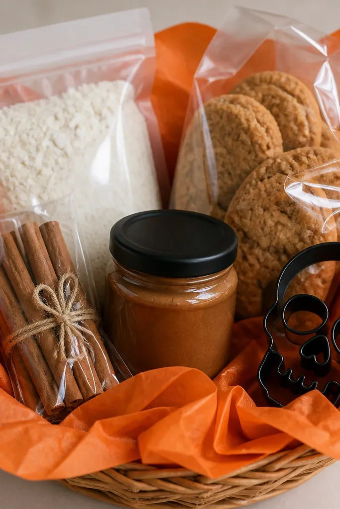 A basket with orange tissue paper. A small jar of cinnamon spread sits in the center. Around it are mini pancake mix, a pack of cinnamon sticks, and a bag of breakfast cookies. A black skull-shaped cookie cutter is tucked into the tissue.