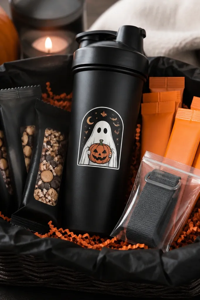 A basket lined with black fabric and orange crinkle paper. A black shaker bottle sits in the center with a Halloween sticker on it. Beside it are small protein bar packs, electrolyte powder packets in orange, and a mini resistance band wrapped in a clear bag.