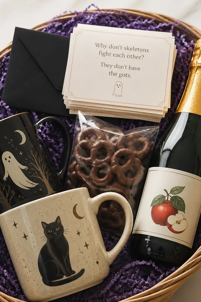 A basket filled with purple shredded paper. On top is a stack of small folded note cards with printed jokes and a tiny black envelope. Under the cards are two themed mugs, a pack of chocolate-covered pretzels, and a small bottle of sparkling cider.