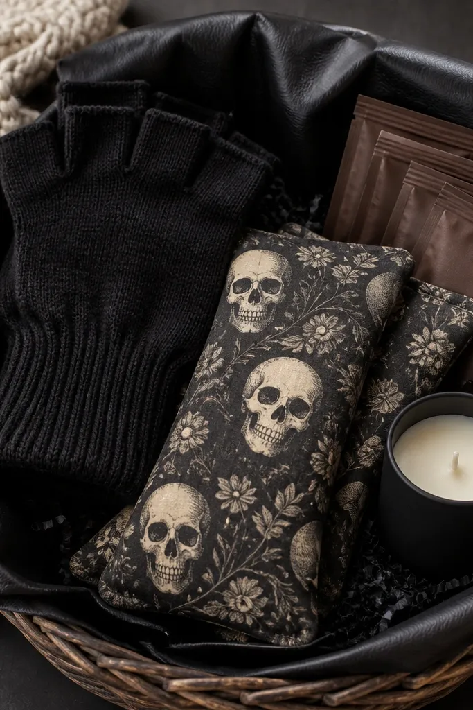 A basket lined with black faux leather fabric. A pair of fingerless black gloves sits folded on top. In the center are two reusable heat packs in a Halloween skull pattern, and around them are cocoa packets and a small candle in a matte black jar.