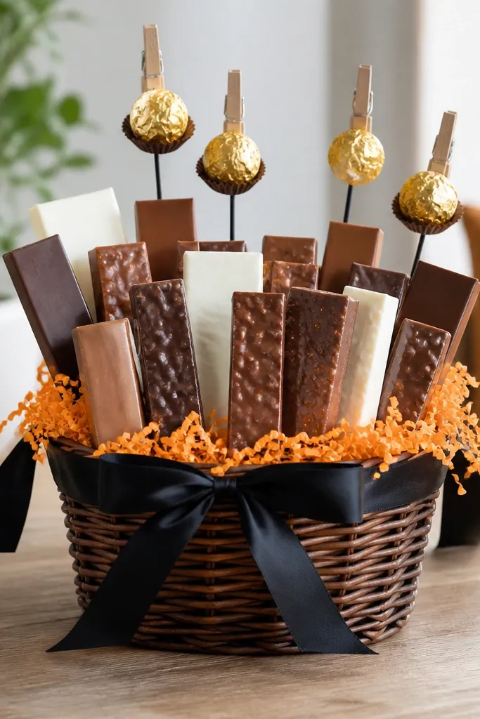 A basket where candy bars stand upright like a bouquet. The base is orange crinkle paper. Black ribbon wraps the top layer, and a few wrapped chocolates are attached with mini clothespins to a thin black stick.
