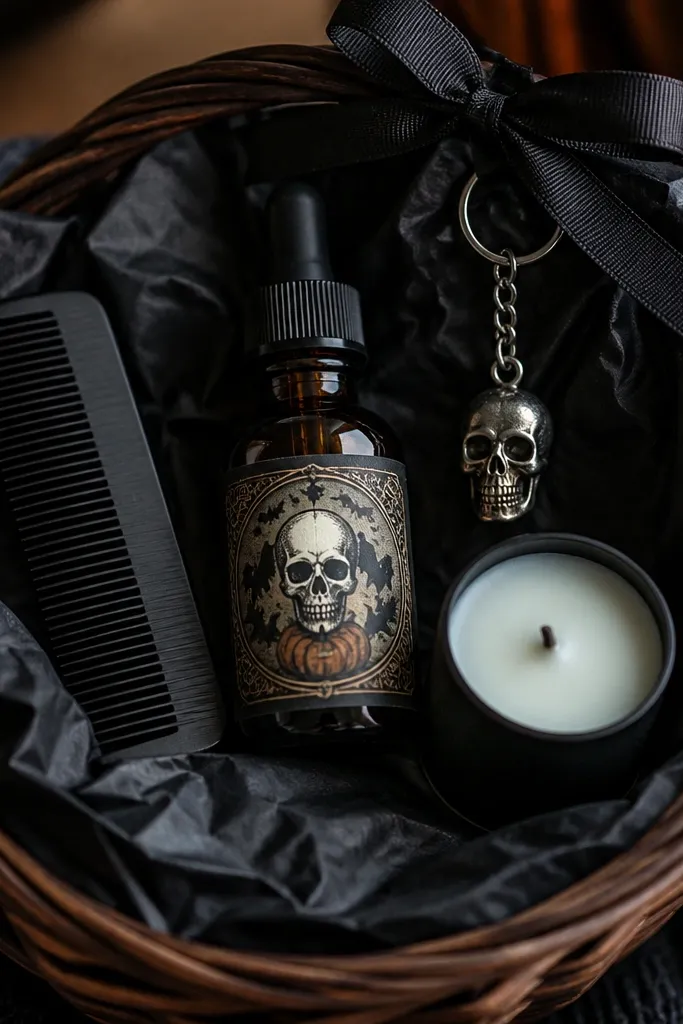 A basket lined with black tissue. A small bottle of beard oil sits in the center with a Halloween label sticker. Next to it is a black comb and a mini candle. A tiny skull-shaped keychain hangs from a ribbon on top.
