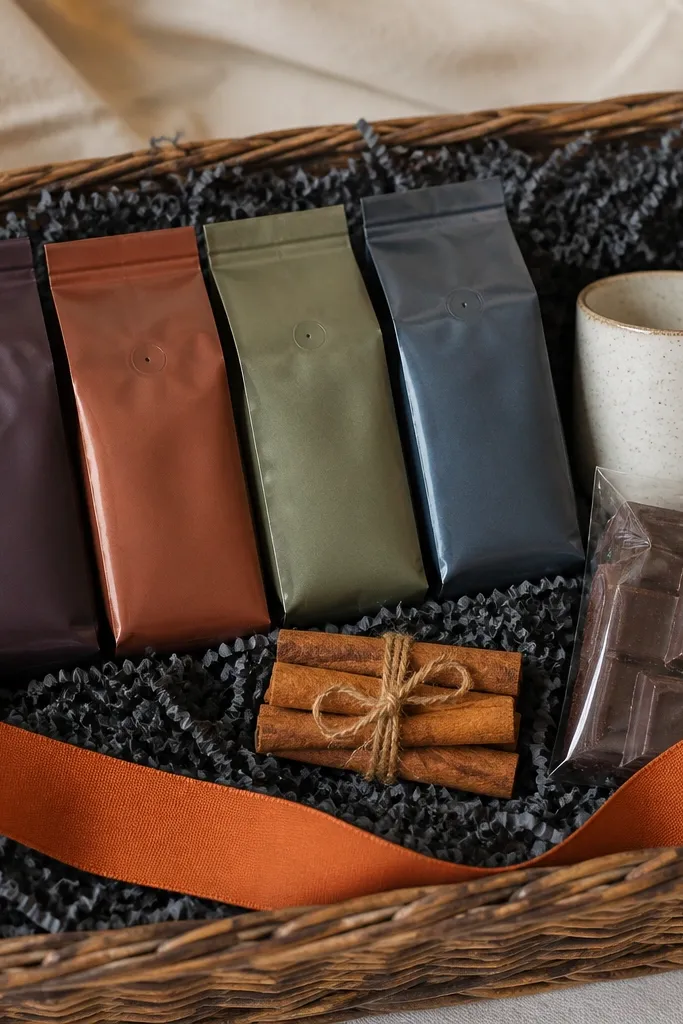 A basket with dark gray shredded paper. Four small coffee flavor packs are arranged like a flight in a row. Beside them is a small mug, a cinnamon stick bundle tied with twine, and a bag of dark chocolate squares. A strip of orange ribbon runs across the front.