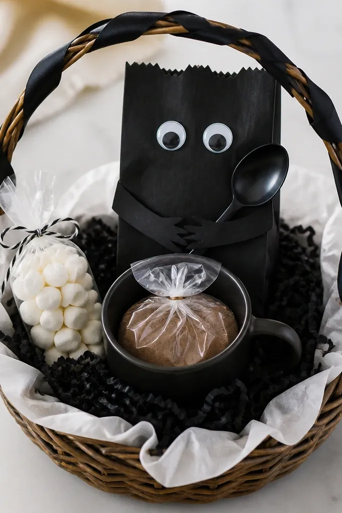 A basket lined with white tissue and black crinkle paper. A hot cocoa kit sits in the center with a small bag of marshmallows. On top is a mini "monster" made from a black paper bag with googly eyes, holding a spoon. Black ribbon wraps the basket handle.