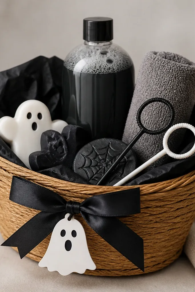 A basket filled with black tissue. A bottle of bubble bath sits in the back, and two bubble wands are laid across the front. There are mini soaps, a Halloween bath bomb, and a small towel rolled into a tight cylinder. A ghost-shaped sticker is attached to the ribbon.