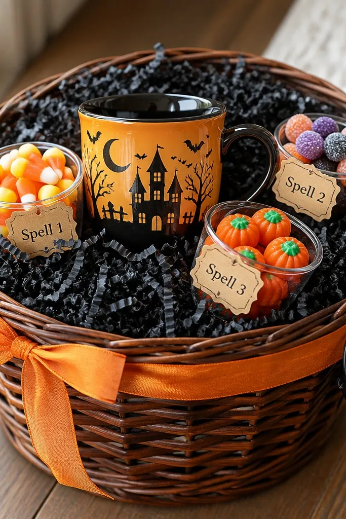 A basket with black shredded paper. A Halloween mug sits in the center with a small handle. Around the mug are three clear mini cups filled with candy, each cup labeled with a tiny paper tag like "Spell 1." Orange ribbon wraps the top and a small black cauldron ornament sits near the rim.