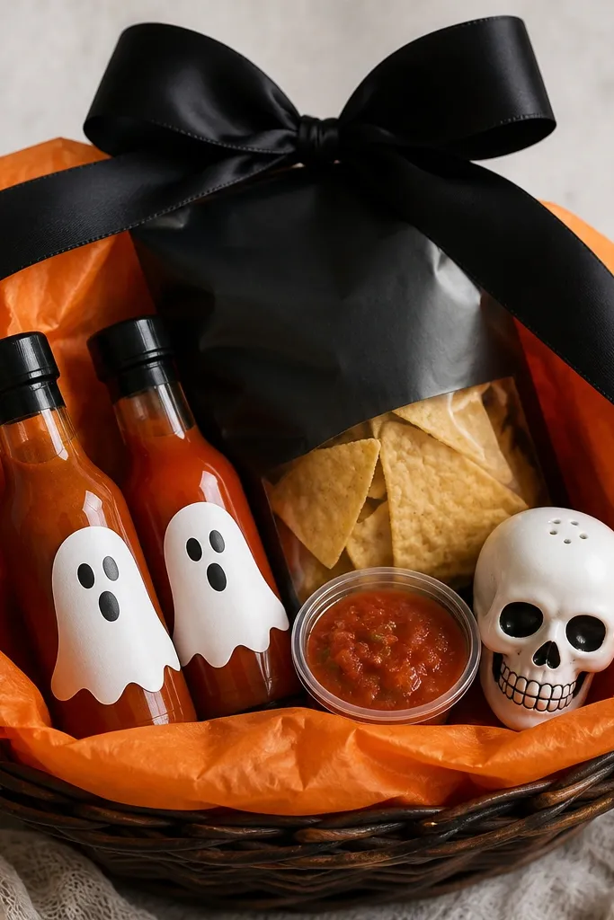 A basket lined with orange tissue. Two small hot sauce bottles sit inside, each with a white label shaped like a ghost. There are tortilla chips in a black bag, a mini salsa cup, and a small plastic skull salt shaker. A black ribbon bow sits on top.