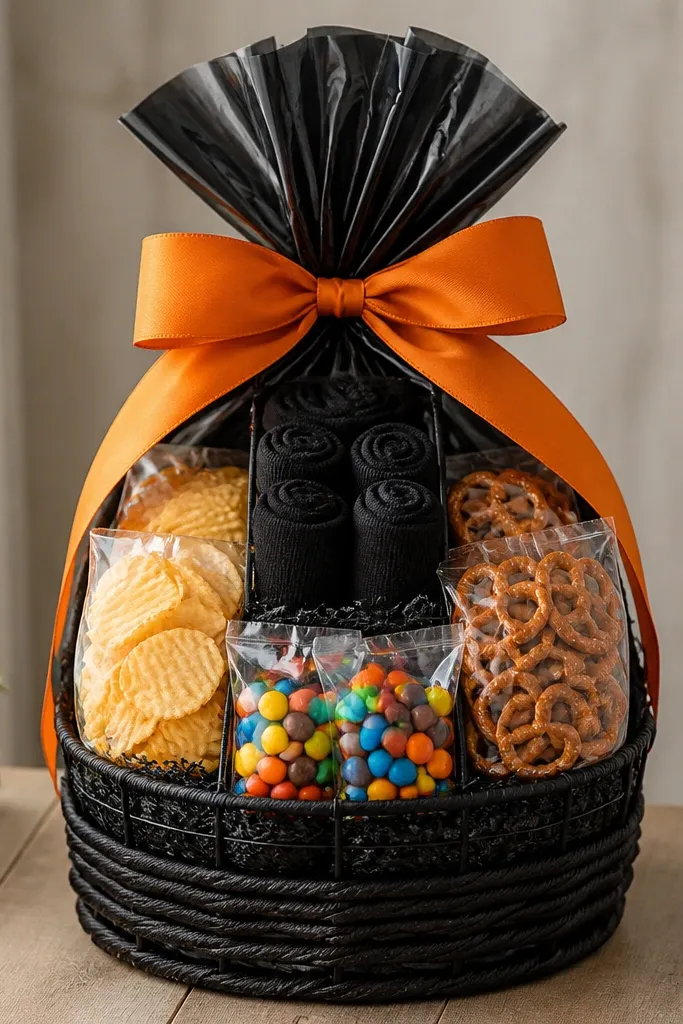 A basket built like a little tower. Black socks are rolled and placed upright in the center. Around them are three snack stacks: chips, pretzels, and candy in small bags. The top is wrapped with black cellophane and a wide orange ribbon tied in a bow.