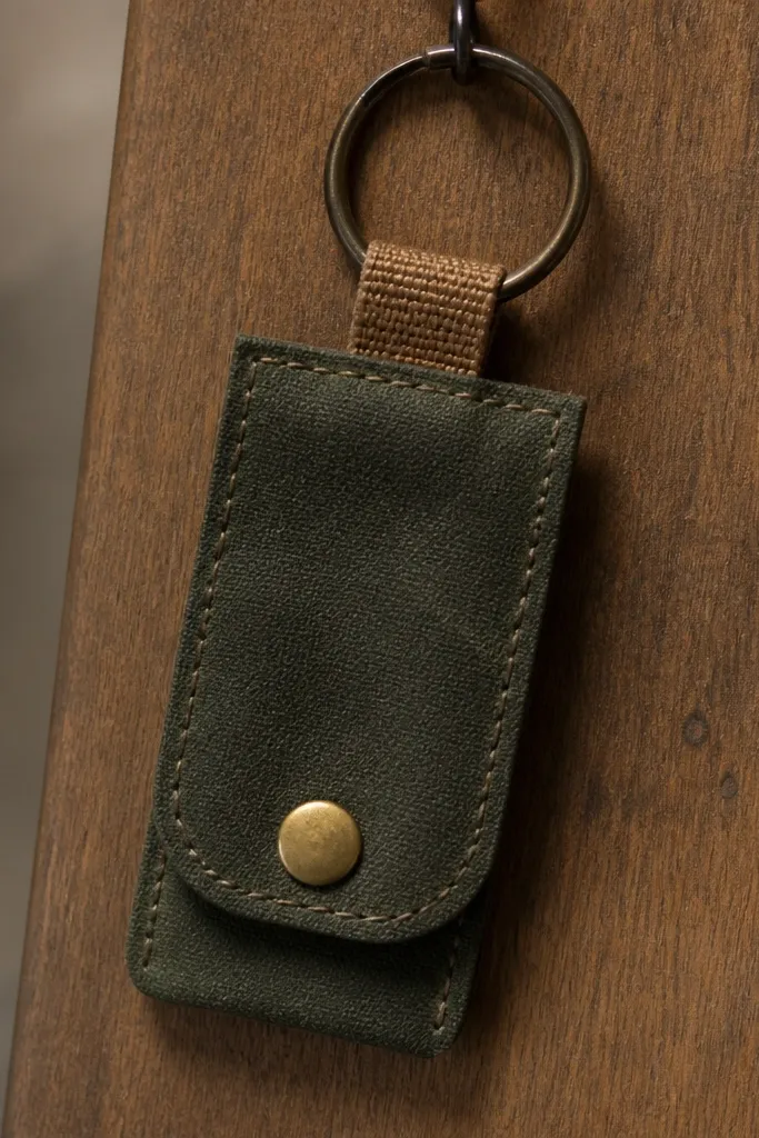 A handmade key fob made from dark olive waxed canvas with visible stitching around the edges, a small brass-color snap on the front, and a short loop of tan webbing at the top. Keys are clipped off-frame, but the fob hangs from a single metal ring.